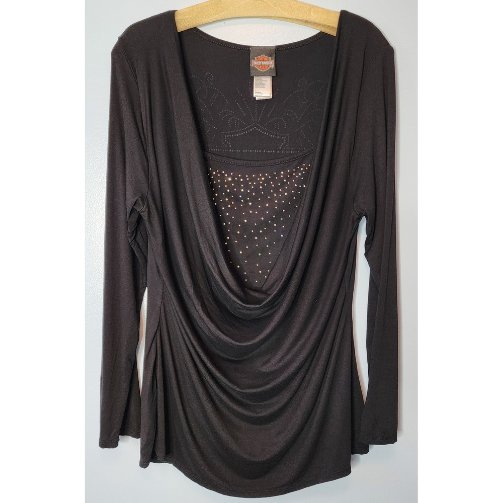 Harley Davidson Top Women XL Black Excellent Cowl Neck Rhinestone Long Sleeve